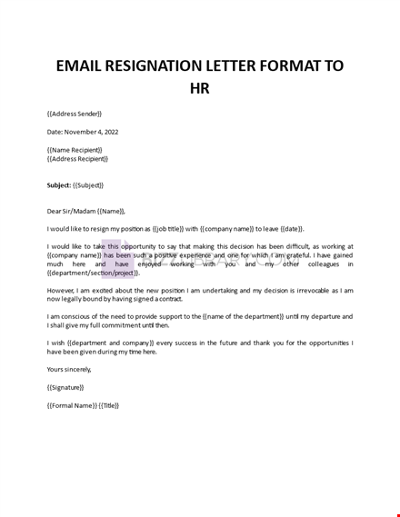 letter of resignation to human resources template
