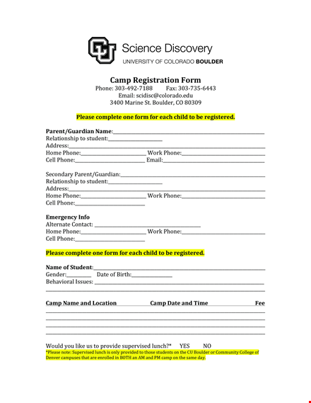 printable camp registration form template template