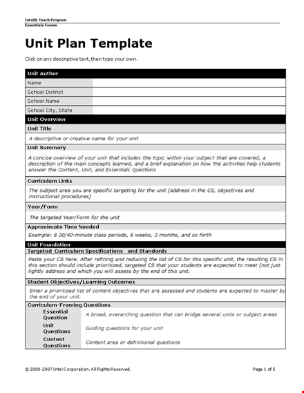 unit plan template for school curriculum - click for intel template