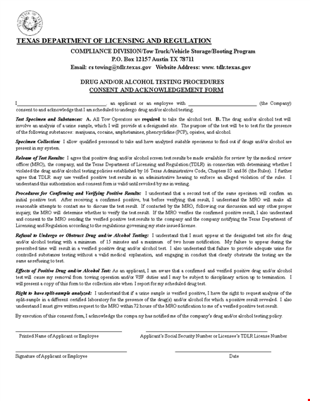 drug test consent form: acknowledging testing & addressing alcohol if positive template