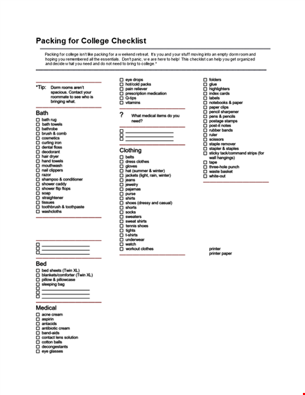 college packing checklist: what to bring for a successful college adventure template