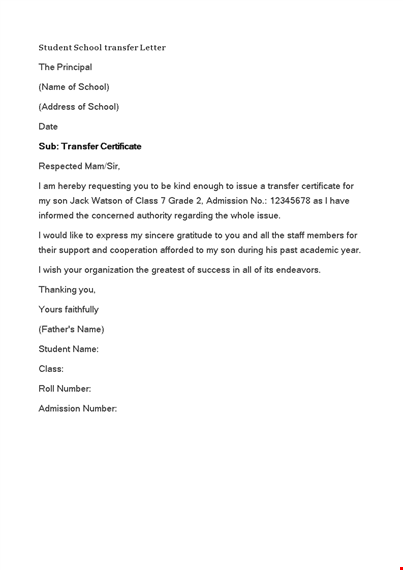 student school transfer letter template template