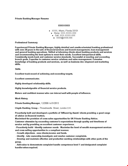 private banking manager resume template