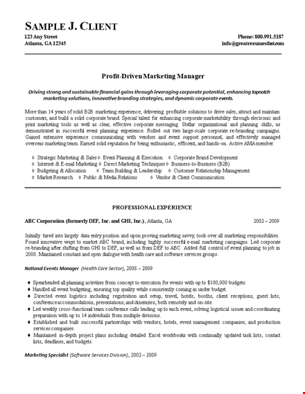 sample business manager resume | marketing, event, sales | corporate atlanta template