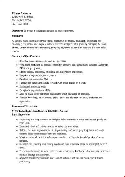 retail sales supervisor resume template