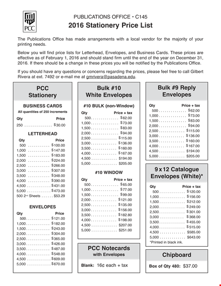 stationery pricelist template