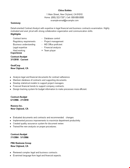 contract employment work resume in doc template