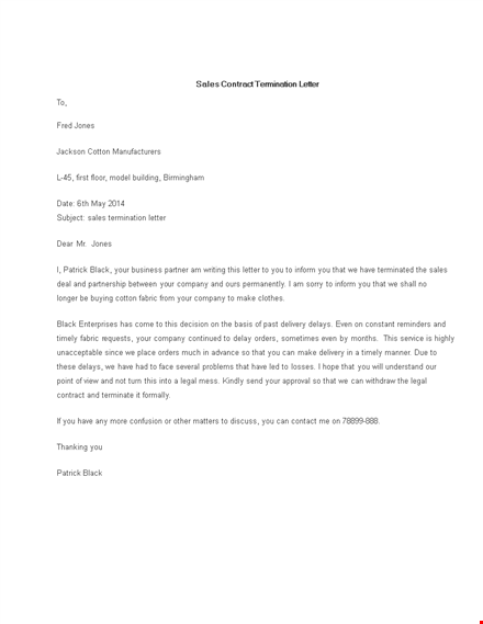 sales contract termination letter template template