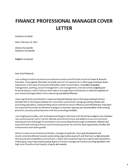finance manager job application letter template