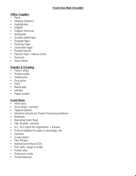 event box items checklist template template