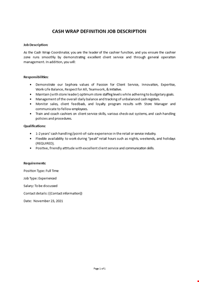 cash wrap job description template