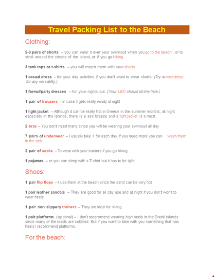 beach packing list template template