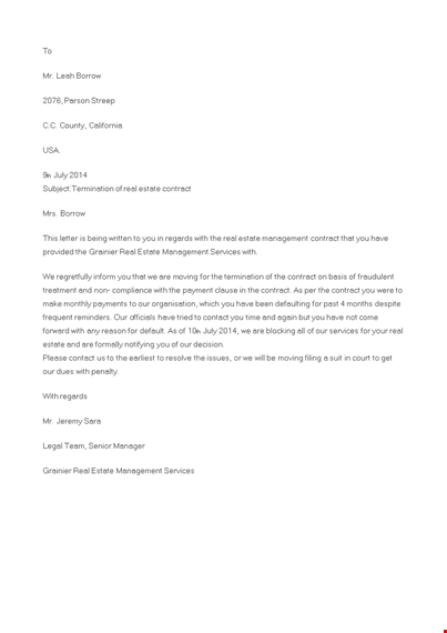 real estate contract termination letter template