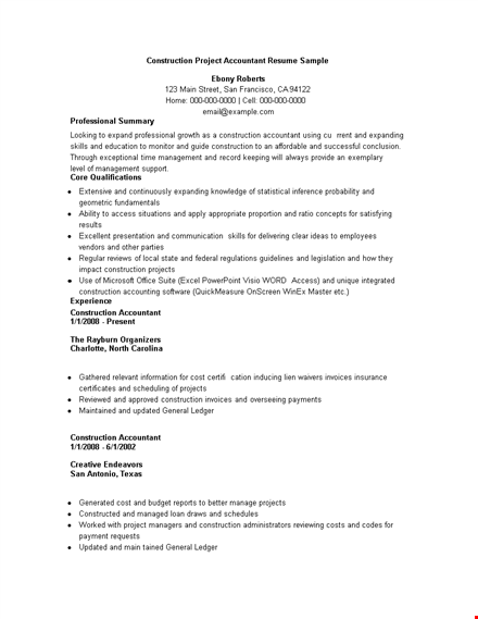construction project accountant resume sample template