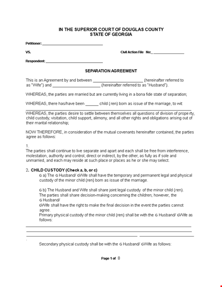 separation agreement template| support, child| parties agree template
