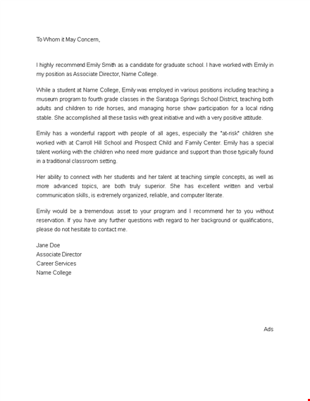 example of letter of recommendation for graduate school template