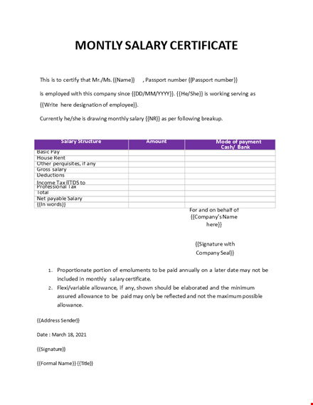monthly salary certificate letter template