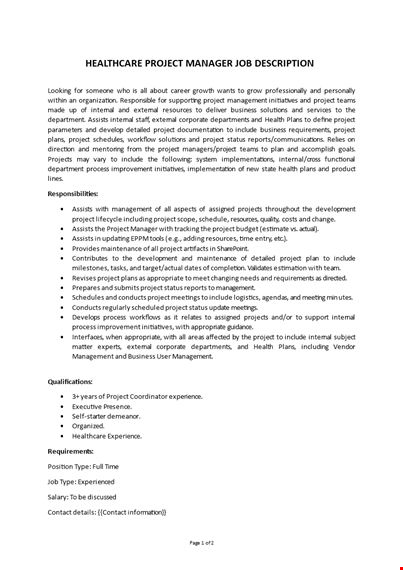 healthcare project manager job description template