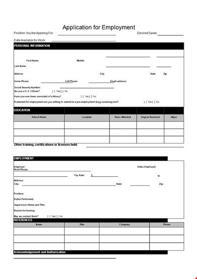 simple job application form template template