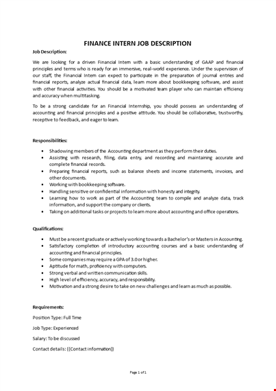 finance intern job description template