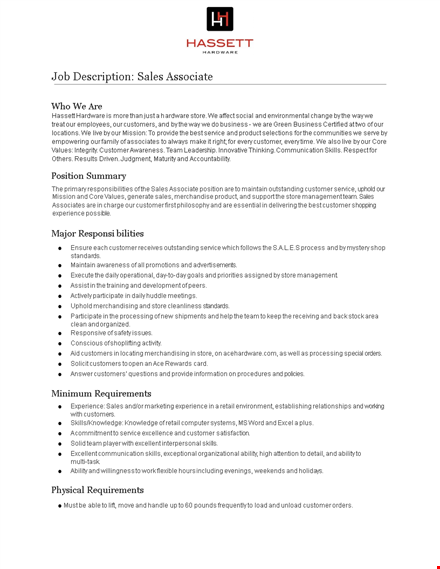 sales associate job description template