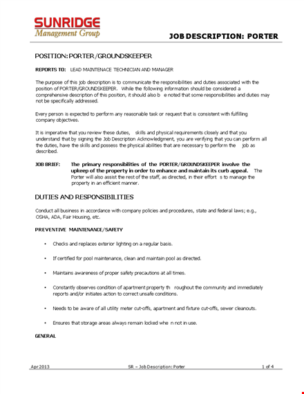 management porter job description template