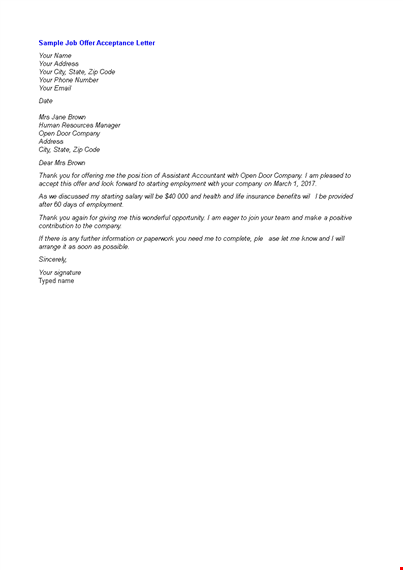 job offer acceptance letter template