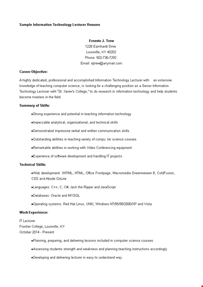 it lecturer resume template