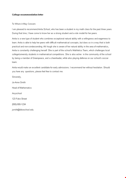 college letter of recommendation for student template