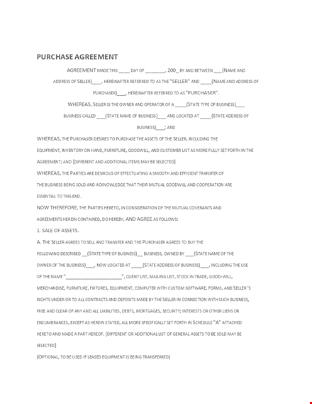 easy purchase agreement template for business closing - buyer & seller included template