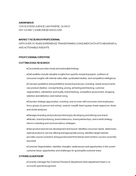 marketing research manager resume template