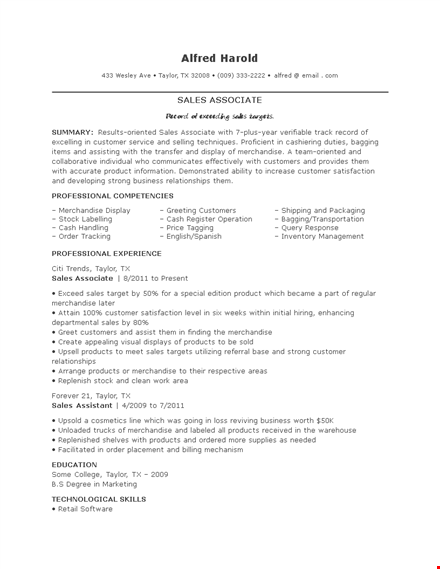 sales associate job resume template