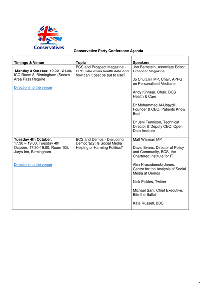 conservative party conference agenda - october venue in birmingham template