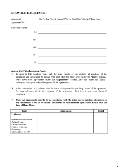 roommate agreement template - cleaning, others & apartment topics suggested template