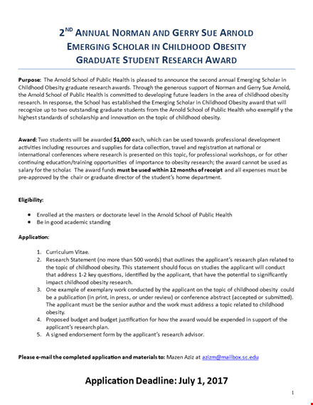 scholarship application template | research, award, arnold childhood, obesity template