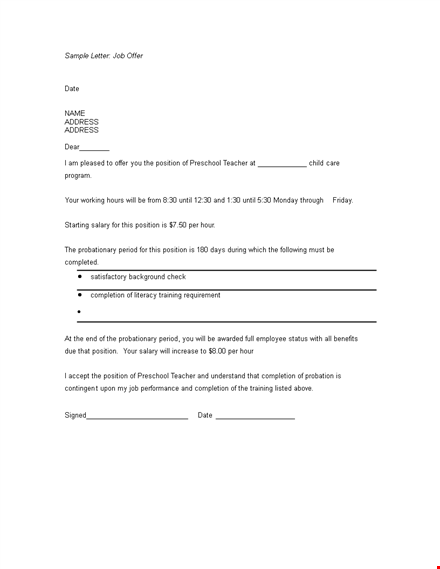 sample teacher offer letter template