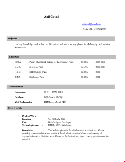 mca fresher lecturer resume template