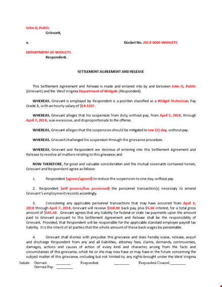 settlement agreement and release between grievant and respondent template