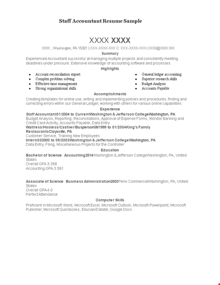 staff accountant resume sample template