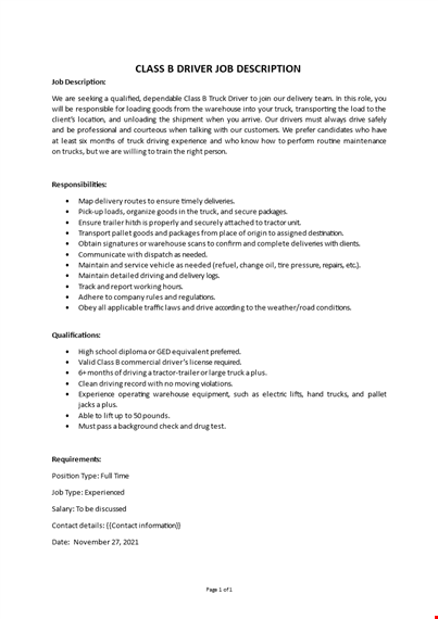 class b driver job description template