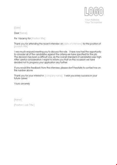 interview rejection letter - position # (number) template