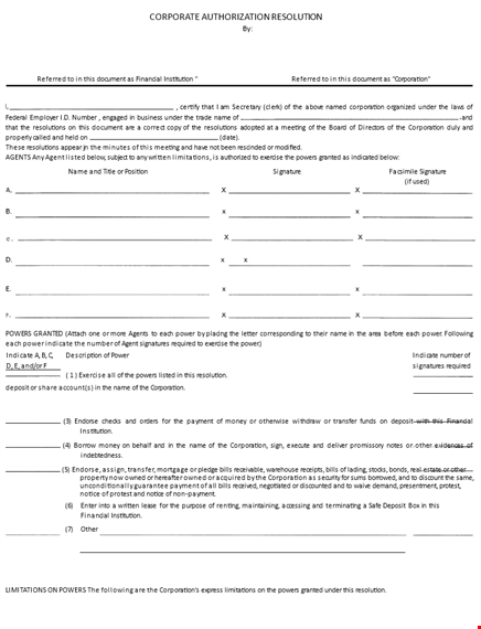 financial corporate resolution form for signature by institutions and corporations template
