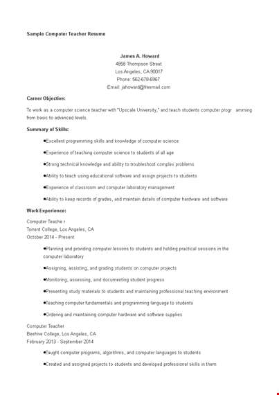 resume for computer teacher template template