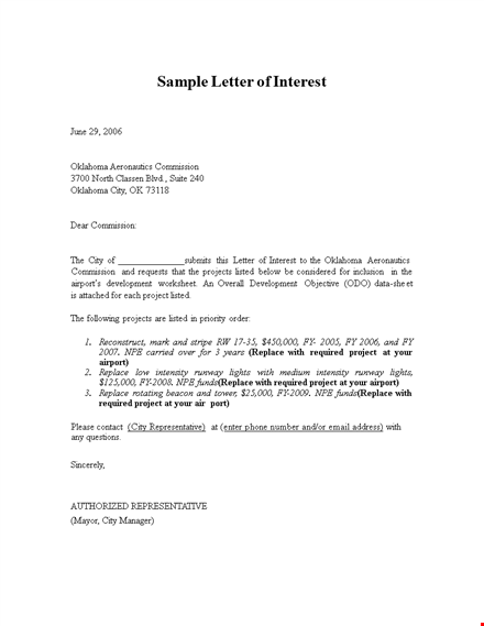formal letter of interest for airport project in oklahoma: replace and excel template