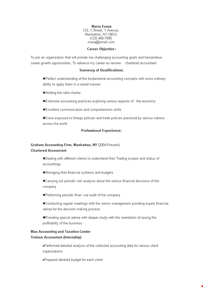 chartered accountant internship resume template