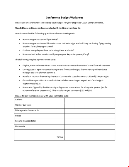 conference budget worksheet template