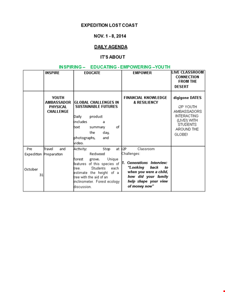 youth ambassadors: daily agenda template for education template