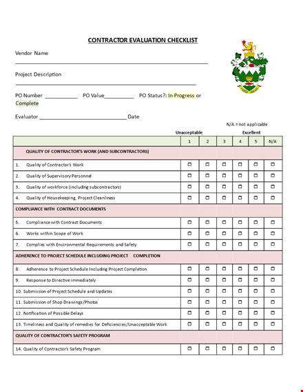 project contractor evaluation checklist template