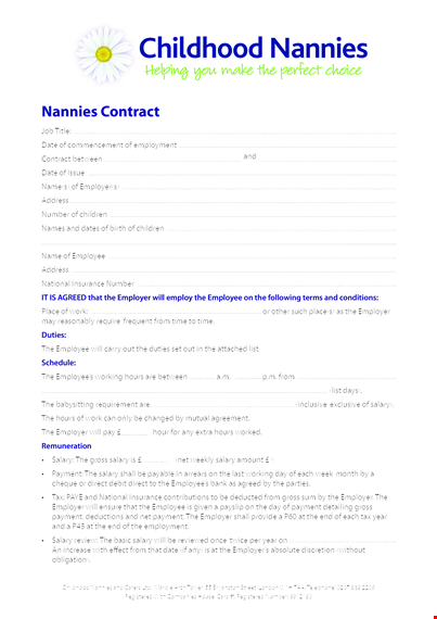 childhood nanny contract: essential guide for employee, employer, and child template