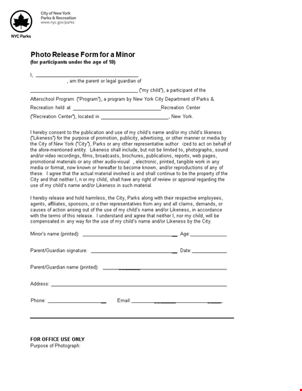 child photo release form - grant permission to use likeness template